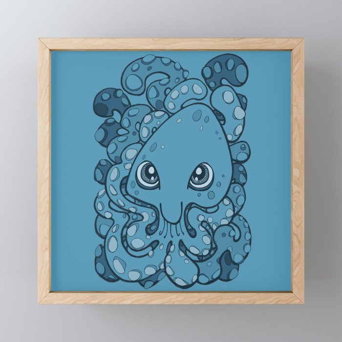 Happy Octopus Squid Kraken Cthulhu Sea Creature , Sailor Blue Framed Mini Art Print by bignoseart