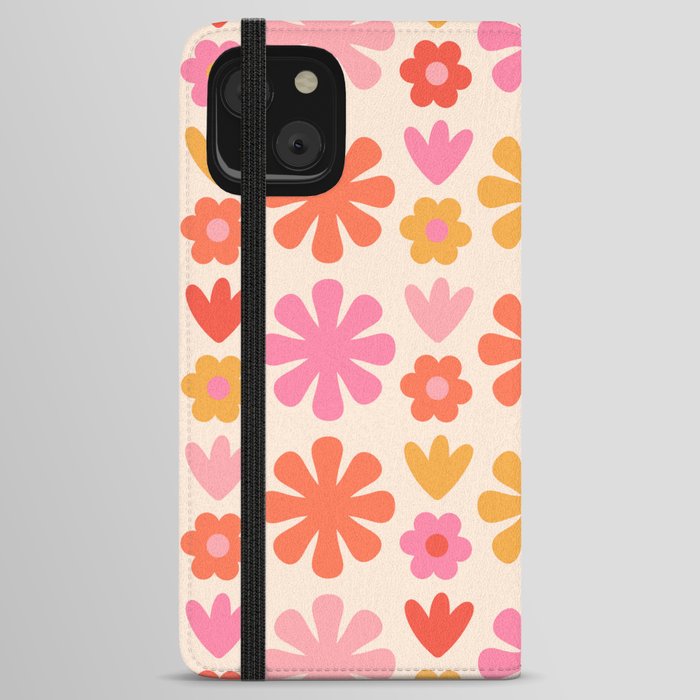 Scandi Floral Grid Retro Flower Pattern Pink Mustard Orange Cream iPhone Wallet Case
