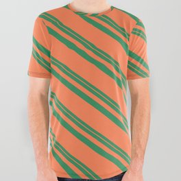 [ Thumbnail: Sea Green & Coral Colored Striped/Lined Pattern All Over Graphic Tee ]