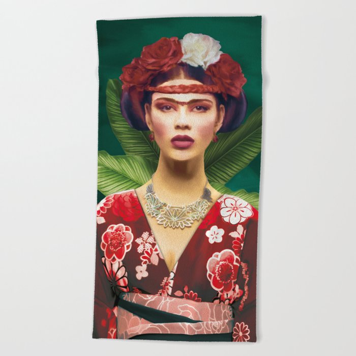 Classic digital oil painting of Asian women with traditional clothing and flowers in her hair Beach Towel