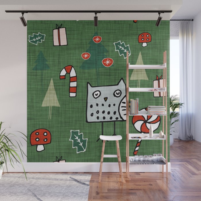 Christmas Owl Green #Christmas #Holiday Wall Mural
