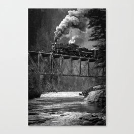 Steam Engine on a trestle river black and white photograph / art photography  Canvas Print