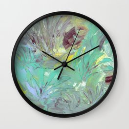 "Birds in the Palms" Wall Clock | Blues, Nature, Feathers, Painting, Wax, Greens, Yellows, Modern, Birds, Abstract 