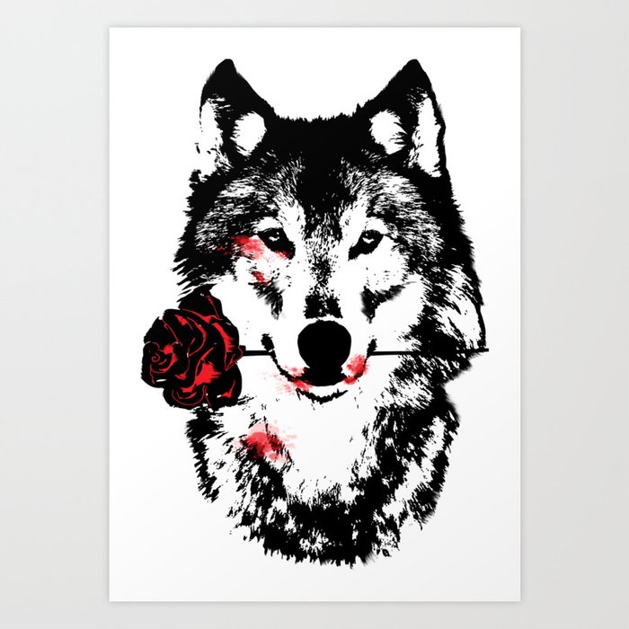 Wolf blood stained, holding a red rose. Art Print