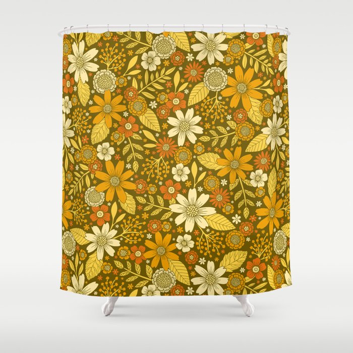 Orange & Olive Green by Beth Norton on Shower Curtain Society6 1970s Retro Flowers Pattern in Yellow
