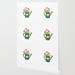Green watering can with colorful spring bouquet Wallpaper