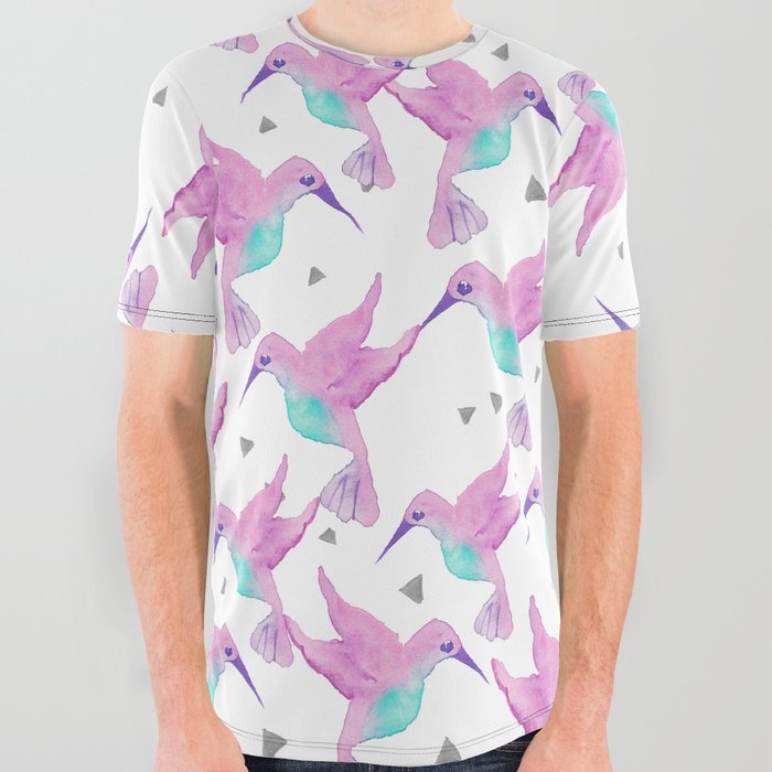 Watercolor pink turquoise purple elegant hummingbird All Over Graphic Tee