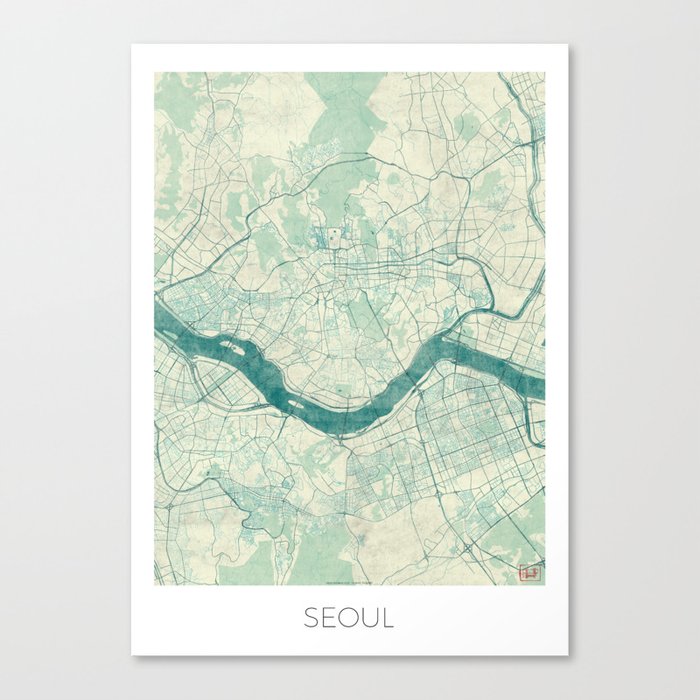 Seoul Map Blue Vintage Canvas Print