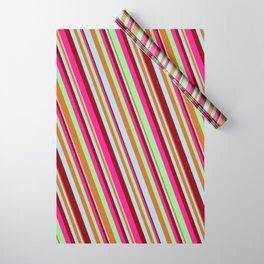 [ Thumbnail: Eye-catching Deep Pink, Light Green, Chocolate, Light Blue & Dark Red Colored Lines/Stripes Pattern Wrapping Paper ]