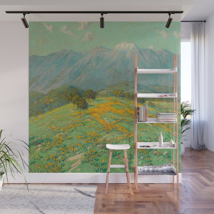 Granville Redmond Snow Cap Spring Landscape Painting Orange Flowers Green Field Wall Mural By Enshape Society6