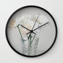 Creamy white flowers in clear vase. Wall Clock