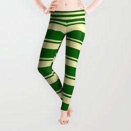 Pale Goldenrod & Dark Green Colored Lined Pattern Leggings
