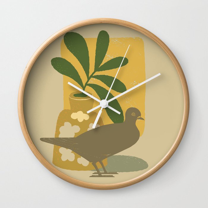 Tan Beige Dove with Leaves and Flowers  Wall Clock