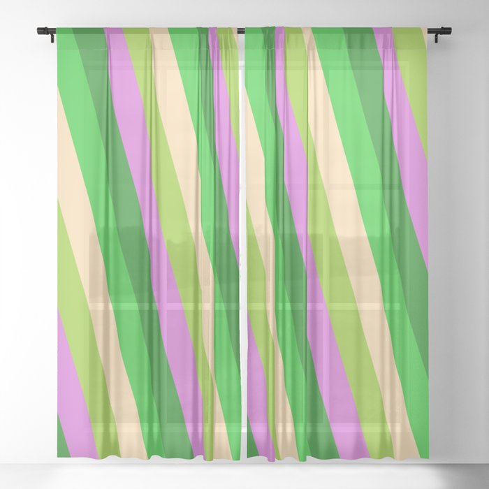 Eye-catching Lime Green, Tan, Green, Orchid, and Forest Green Colored Stripes Pattern Sheer Curtain