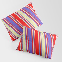 [ Thumbnail: Red, Slate Blue, and Pale Goldenrod Colored Lined/Striped Pattern Pillow Sham ]