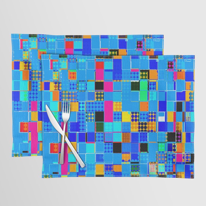 geometric pixel square pattern abstract background in blue pink yellow Placemat
