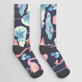 Pink flamingos surrounded by lotus flowers and protea on a violet color background Socks