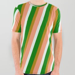 [ Thumbnail: Dark Goldenrod, Light Salmon, Mint Cream, and Green Colored Pattern of Stripes All Over Graphic Tee ]