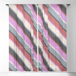 [ Thumbnail: Red, Orchid, Beige, Slate Gray & Black Colored Lined Pattern Sheer Curtain ]