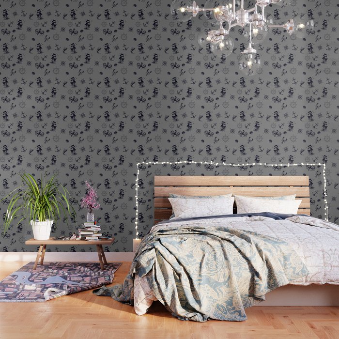 Grey And Blue Silhouettes Of Vintage Nautical Pattern Wallpaper