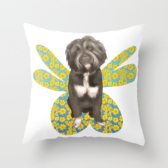 Cute Fluffy Dog Portrait with Big Colorful Wings Throw Pillow