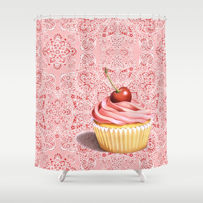 Pink Cupcake Paisley Bandana Shower Curtain