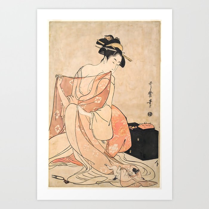 Geisha with a kitten Art Print