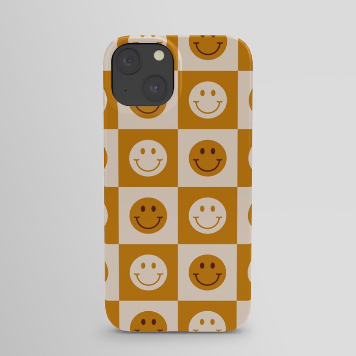 70s Retro Smiley Face Tile Pattern in Yellow & Beige iPhone Case