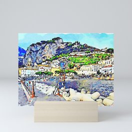 Amalfi: Pier with landscape and seascape Mini Art Print
