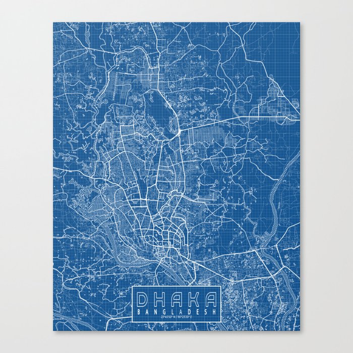 Dhaka City Map of Bangladesh Blueprint Canvas Print by deMAP Studio