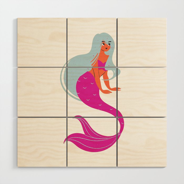 Cute mermaid with blue hair Wood Wall Art