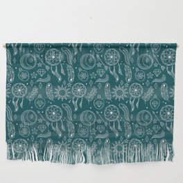 Teal Blue And White Hand Drawn Boho Pattern Wall Hanging