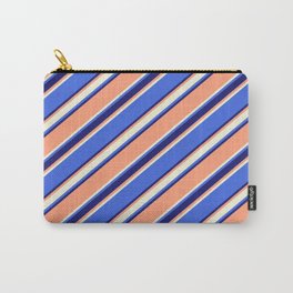 [ Thumbnail: Light Salmon, Beige, Royal Blue & Midnight Blue Colored Stripes/Lines Pattern Carry-All Pouch ]