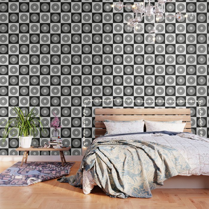 Checkered Black and White Smiley Sun Pattern Wallpaper