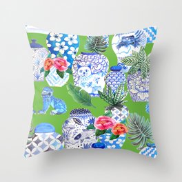 Chinoiserie chic style Ginger jar and foo dogs with peonies and pot plants Throw Pillow