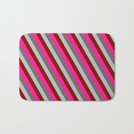 [ Thumbnail: Deep Pink, Dim Gray, Grey & Dark Red Colored Striped Pattern Bath Mat ]