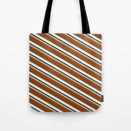 [ Thumbnail: Tan, Brown, Light Cyan, and Black Colored Stripes/Lines Pattern Tote Bag ]