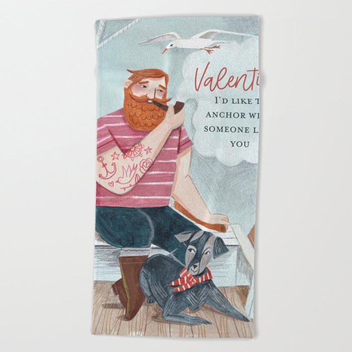 Valentine man sailor captain & dog in boat Beach Towel