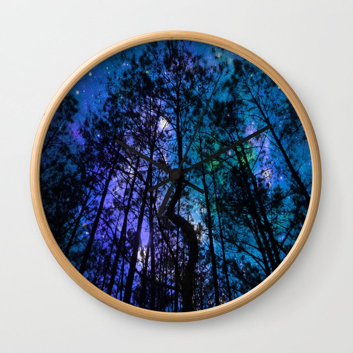 Black Trees Teal Purple Space Wall Clock