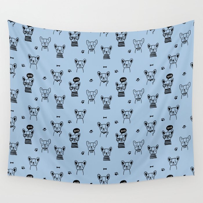 Pale Blue and Black Hand Drawn Dog Puppy Pattern Wall Tapestry