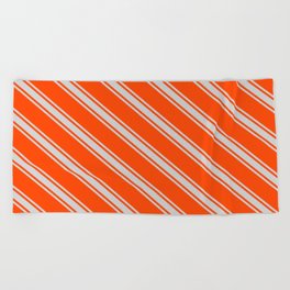 [ Thumbnail: Red and Light Grey Colored Lined Pattern Beach Towel ]