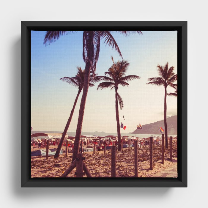 Brazil Photography - Palm Trees By The Crowded Beach Framed Canvas