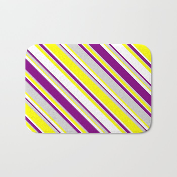 White, Purple, Light Gray & Yellow Colored Lines Pattern Bath Mat