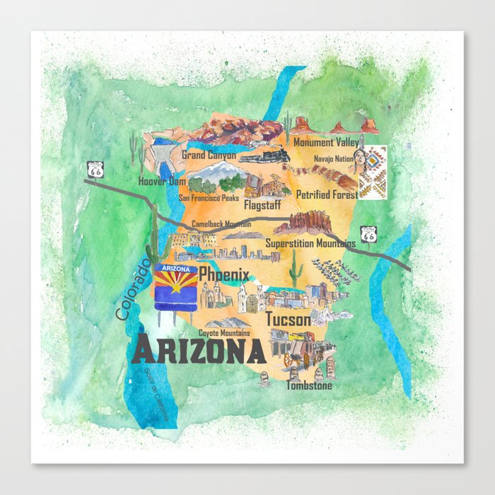 USA Arizona State Travel Poster Illustrated Art Map Canvas Print