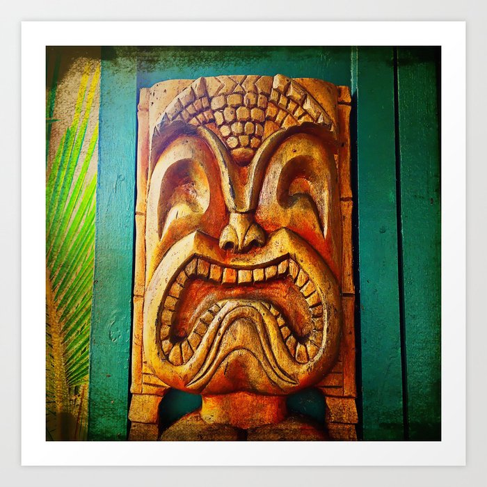 Hawaii retro wood carving tiki face close-up Art Print