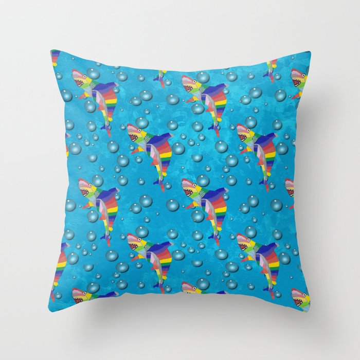 Colorful Shark with Bubbles on a Light Blue Background Throw Pillow