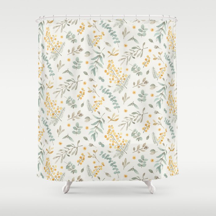 Australian wattle and eucalyptus watercolor floral Shower Curtain