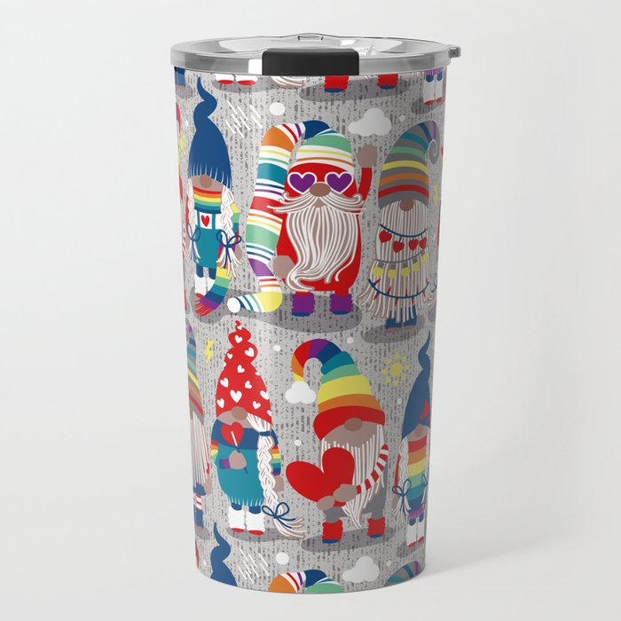 I gnome you // grey background little happy and lovely gnomes with rainbows vivid red hearts Travel Mug
