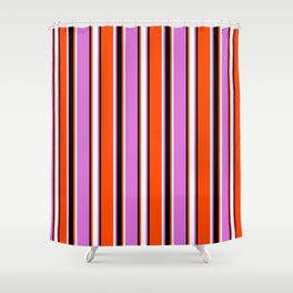 [ Thumbnail: Red, Black, Orchid, and White Colored Stripes Pattern Shower Curtain ]