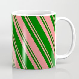 [ Thumbnail: Light Coral and Dark Green Colored Lines Pattern Coffee Mug ]